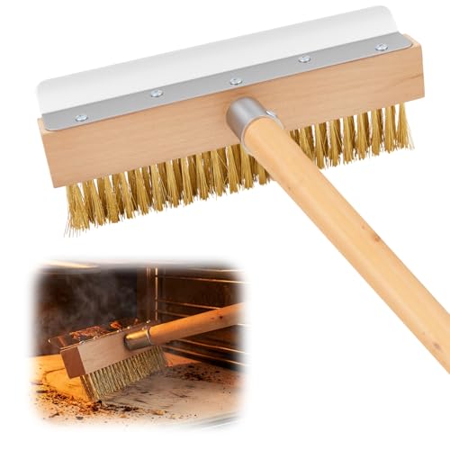 Reallnaive 1 Pack 37 Inch Wood Handle Pizza Oven Brush with Scraper Outdoor Pizza Oven Cleaning Brush Tool, Aluminum Threaded Tip, Brass Bristles with Steel Scraper