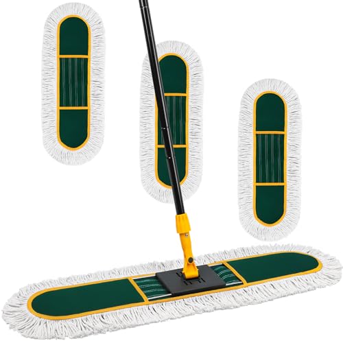 24 Inch Commercial Dust Mop for Floor Cleaning-Heavy Duty Dry & Wet Push Broom with 3 Washable Pads, 57" Handle & 360° Swivel Floor Duster for Hardwood, Laminate, Vinyl Floors & Warehouse - color: 24" Green Mop+3 Pads