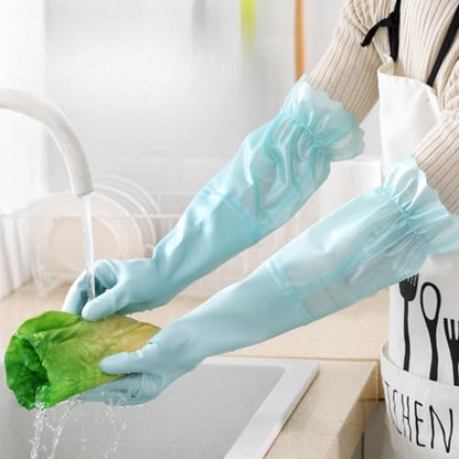 RARITYUS Household Kitchen Cleaning Gloves Waterproof Cotton Lined Dishwashing Non-Slip Long Cuff Gloves - color: Blue (Length 20.5'')