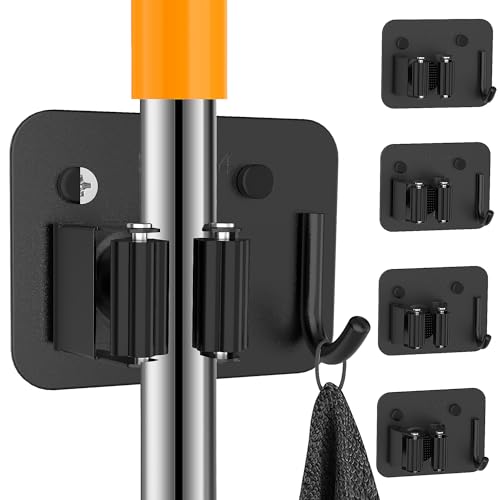 4 Pack Stainless Steel Broom Holder Wall Mount with Hook, Screw Drilling Broom and Mop Organizer Wall Hanging, Heavy Duty Storage Rack for Laundry Garage Closet Garden Tool Organizer, Black - color: D-Black, size: 4PCS Gripper
