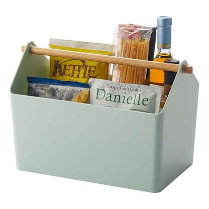 YAMAZAKI Home Storage Organizer/Cleaning Caddy/Storage Basket With Handle, Plastic + Wood, Handle, No Assembly Req. - color: Mint