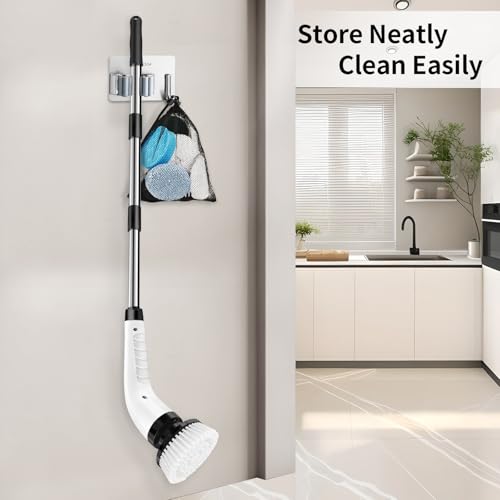 GOXAWEE Electric Spin Scrubber, Cordless Cleaning Brush with 8 Replaceable Brush Heads, Power Shower Scrubber with Long Handle for Bathroom, Tub, Tile, Floor (White)