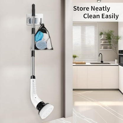 GOXAWEE Electric Spin Scrubber, Cordless Cleaning Brush with 8 Replaceable Brush Heads, Power Shower Scrubber with Long Handle for Bathroom, Tub, Tile, Floor (White)