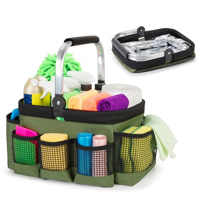 PGmoon Foldable Cleaning Caddy, Cleaning Supply Organizer Bag with Rotate Handle, Easy Clean Liner & Multi-Pockets, Portable Small Cleaning Tote for Kitchen Cleaning Supplies, Products, Housekeepers