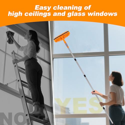 Window Squeegee Cleaner Tool with Extension Pole: 2-in-1 Window Cleaning Kit - 86.6 Inch Telescopic Long Window Cleaning Tool for High Windows Glass with 2 Microfiber Cloth & Squeegee Blade - color: Orange