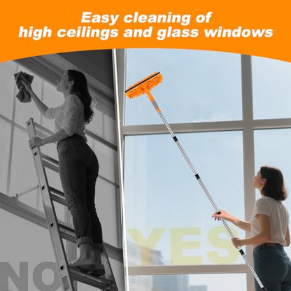 Window Squeegee Cleaner Tool with Extension Pole: 2-in-1 Window Cleaning Kit - 86.6 Inch Telescopic Long Window Cleaning Tool for High Windows Glass with 2 Microfiber Cloth & Squeegee Blade - color: Orange