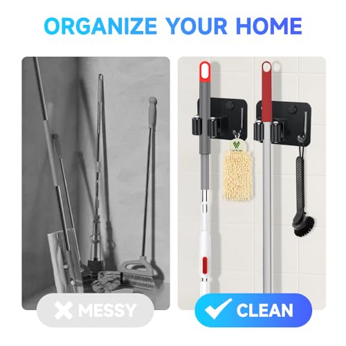 JAMEND CLXP 2-Pack Broom Holder with Heavy Duty Hooks, Upgraded Stainless Steel Mop Hanger. Wall Mount Utility Tool Rack for Kitchen Garden Laundry Garage. Matte Black.