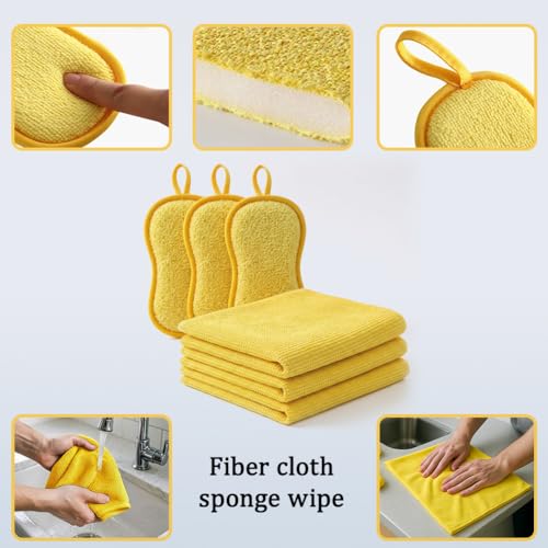 6Pcs Microfiber Cleaning Cloths & Sponges Set - 3Pcs Absorbent Towels + 3Pcs Dual-Sided Scrub Sponges - for Kitchen, Car, Bathroom, Dishes and Hard Surfaces(Yellow) - color: Yellow
