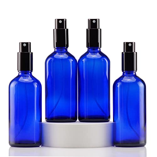 YIZHAO Blue Glass Spray Bottles 4oz, with Small Fine Mist Spray, Metal Cap, Refillable for Essential Oil,Travel,Cleaning,Perfume,Aromatherapy,Makeup – 4 Pcs - color: Blue, size: 100ml-4