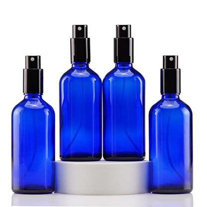 YIZHAO Blue Glass Spray Bottles 4oz, with Small Fine Mist Spray, Metal Cap, Refillable for Essential Oil,Travel,Cleaning,Perfume,Aromatherapy,Makeup – 4 Pcs - color: Blue, size: 100ml-4