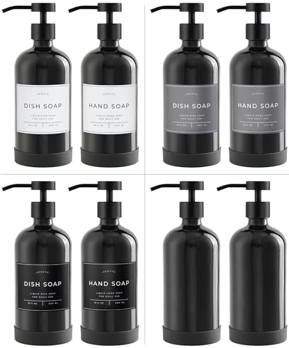 Hand and Dish Soap Dispenser for Kitchen and Bathroom, Set of 2 16 Oz Glass Bottles, Stainless Steel Pumps, Non-Slip Silicone Base, 27 Waterproof Labels (Gloss Black Bottle/Black Pump) - color: Gloss Black Bottle / Black Pump