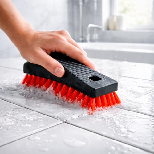 High Power Scrub Brush, 7.5 Inch Handheld Cleaning Brush with Red Stiff Fibers, Black Grip Handle for Kitchen, Bathroom, Tile, Grout, Sink & Shower