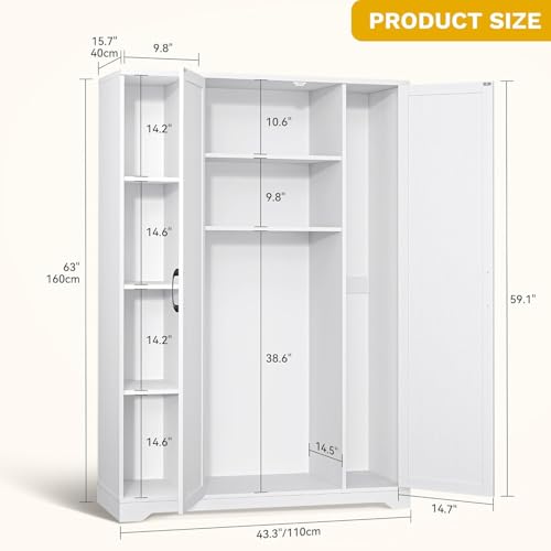 DWVO Broom Closet Storage Cabinet, Wooden Organizer for Ironing Board and Bucket Vacuum Cleaners, Double-Door Cleaning Cabinet for Laundry Rooms and Utility Spaces