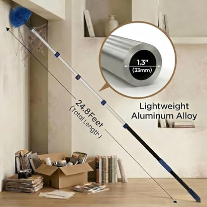 30ft High Ceiling Duster Kits with 5-24ft Heavy Duty Extension Pole - Fan Blade Cleaner, Cobweb Remover & Blue Window Squeegee Kit, Washable Dust Brush for High Roof and Glass Surfaces - size: 24FT