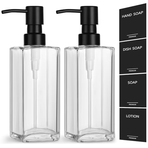 GMISUN Glass Soap Dispenser with Stainless Steel Pump, Clear Hand Soap Dispenser for Bathroom, 12 fl oz/350ml Refillable Dish Dispenser for Kitchen, Modern Liquid Soap and Lotion Bottle for Countertop - color: Clear Bottle + Black Pump, size: 2 Pack