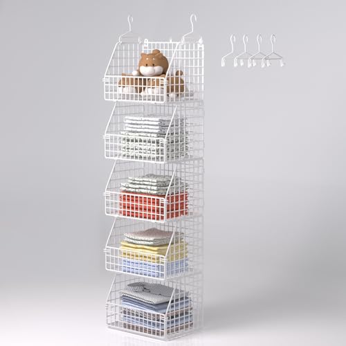 PUPPYCUTE Hanging Closet Organizer and Storage, Clothes Hanging Shelves Wire Baskets for Clothing Sweaters Purse Handbags Shoes White 5 Tier - color: White-5pcs
