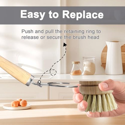 Wooden Dish Brush Set, 4 Natural Bristle Replacement Heads with 1 Sturdy Wooden Handle, Sisal Kitchen Scrub Brush for Pots, Pans, Vegetables and Cookware - size: Medium Hard