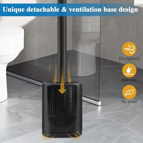 Silicone Toilet Brush and Holder Bendable Efficient Cleaning Wall Mounted Toilet Bowl Brush with Long Handle Brush Head and Silicone Bristles No Rusty Handles Problem (Black) - color: Black
