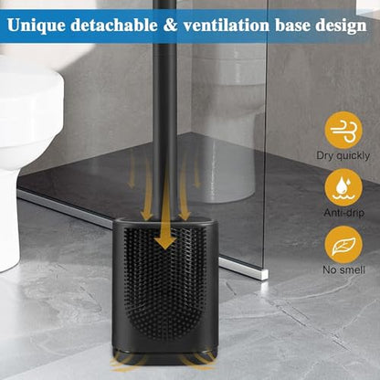 Silicone Toilet Brush and Holder Bendable Efficient Cleaning Wall Mounted Toilet Bowl Brush with Long Handle Brush Head and Silicone Bristles No Rusty Handles Problem (Black) - color: Black