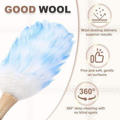 uxcell Wool Duster, 14.2" Natural Feather Cleaner Household Cleaning Duster with Solid Wooden Handle for Cleaning Fans Window Blinds Shelves Furniture, White Blue - color: White Blue, size: 14.2"