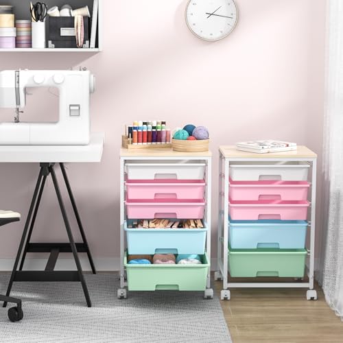 SYKIARIOL Utility Cart with 5 Drawers,Storage Drawer Cart with Wooden Tabletop and Lockable Wheels,Craft Storage Trolley Cart,5-Tier Rolling Utility Cart on Wheels,Rainbow - color: Rainbow