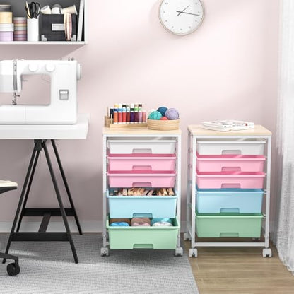 SYKIARIOL Utility Cart with 5 Drawers,Storage Drawer Cart with Wooden Tabletop and Lockable Wheels,Craft Storage Trolley Cart,5-Tier Rolling Utility Cart on Wheels,Rainbow - color: Rainbow