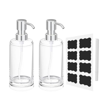 Clear Plastic Soap Dispenser Set of 2, 10 oz Pumps for Dish and Hand Soap | Set of 2 clear plastic 10 oz refillable pump bottles for dish soap, hand soap, kitchen, bathroom, or laundry counters - color: Clear+chrome
