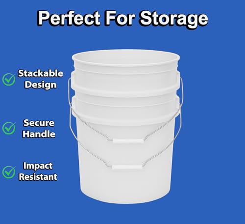 MKS Plastics 5-Gallon Bucket Only – No Lid Included, Made in USA, Food Grade BPA Free Plastic, Heavy Duty Multi-Use, Metal Handle with Grip, Stackable Storage – White, 6 Pack - color: White, size: 6