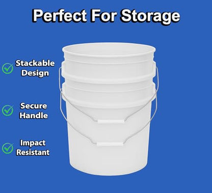 MKS Plastics 5-Gallon Bucket Only – No Lid Included, Made in USA, Food Grade BPA Free Plastic, Heavy Duty Multi-Use, Metal Handle with Grip, Stackable Storage – White, 6 Pack - color: White, size: 6