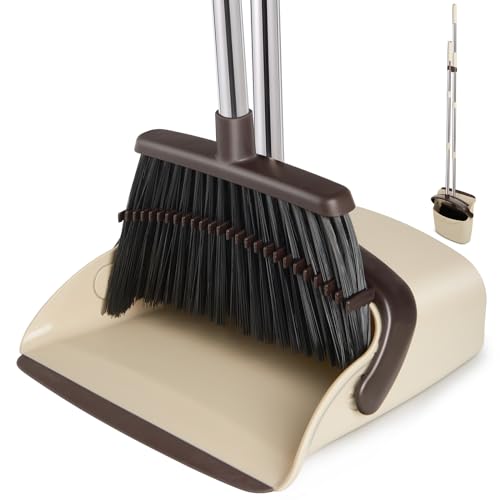 Broom and Dustpan Set, Dustpans with Broom Combo for Home, Heavy Dust Broom and Dustpan Combo, Long Handle Dust Pan and Broom Set for Kitchen, Office, Pet Hair,Beige, Pack of 1 - color: Beige