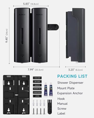 AIKE 2 Chambers Shower Shampoo and Conditioner Dispenser 2 x 11.8 fl.oz. for Bathroom(Dark Silver) - color: Dark Silver, size: Double Chamber