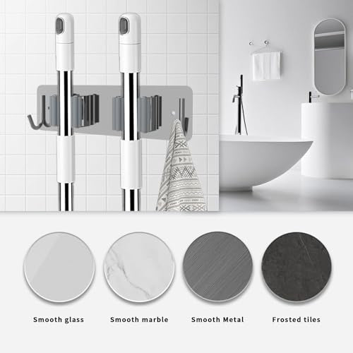 Broom and Mop Holder Wall Mounted, Heavy-Duty Stainless Steel Storage Rack with 2 Racks & 2 Hooks,Broom Organizer for Kitchen,Bathroom,Garage,Garden（SILVER - color: SILVER-2 Racks2 Hooks
