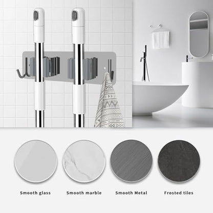 Broom and Mop Holder Wall Mounted, Heavy-Duty Stainless Steel Storage Rack with 2 Racks & 2 Hooks,Broom Organizer for Kitchen,Bathroom,Garage,Garden（SILVER - color: SILVER-2 Racks2 Hooks
