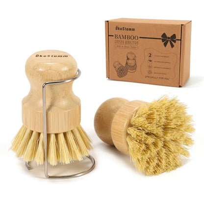 2 Pack Bamboo Dish Brush with Drain Holder - Natural Scrub Brush for Dish with Sisal Bristle, Wooden Dish Scrubber for Kitchen Cleaning Dishes, Pots, Pans and Vegetables