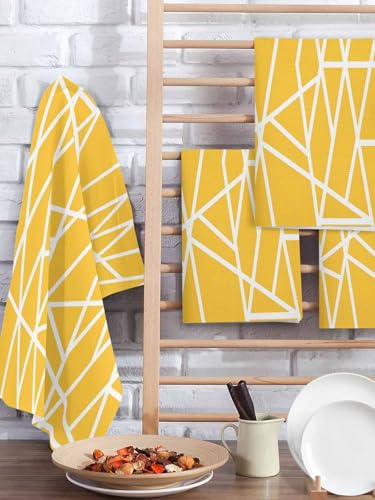 Modern Yellow, Hand Towels Set, Waffle Weave Kitchen Towels 2 Pieces, Microfiber Hair Face Bath Tea Towel Absorbent Quick Drying Cleaning Dish Cloths, White Minimalist Geometric Stripes 15.7"x23.6" - size: 2PCS,15.7"x23.6"