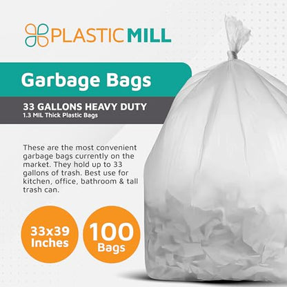 PlasticMill Heavy Duty Trash Bags - Clear Garbage Bags - Plastic Trash Liners - Tall Waste Bags, Trash Can Liners - 33-Gallon Large Kitchen Rubbish Sacs, 1.3 Mil, 33"x39" (100-Count)