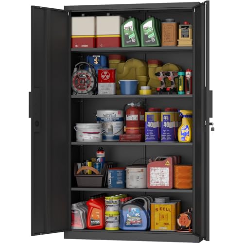 GREATMEET Metal Garage Storage Cabinets, 72" H Locking Garage Cabinets with 2 Doors and 4 Shelves, Utility Cabinet for Office, Garage, Home, Gym, School, Black - color: Black, size: 72"H × 34"W × 18"D-Garage