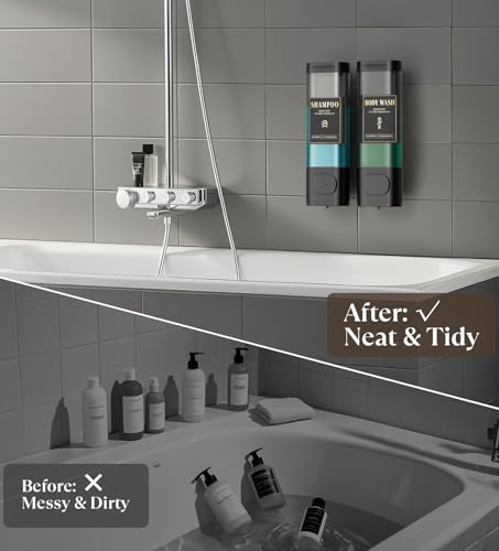 Luxspire Shampoo and Conditioner Dispenser, No Drill Wall Mounted Shower Soap Dispenser 2 Chamber with Waterproof Labels, Easy Refill Soap Dispenser for Bathroom Hotel Kitchen, Black - color: Black, size: 2 Chamber