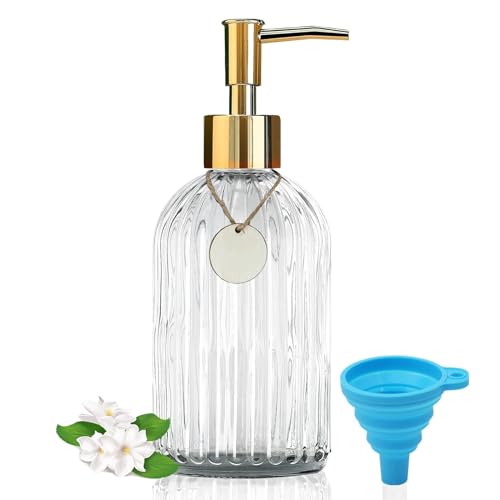 14Oz Gold Pump Glass Soap Dispenser, Clear Stripe Countertop Refillable Liquid Bottle Hand Dish Lotion Dispenser with Plastic Pump, for Kitchen, Bathroom - color: Clear