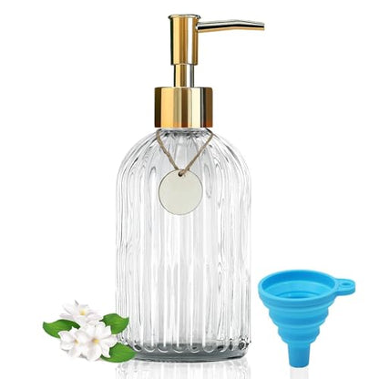 14Oz Gold Pump Glass Soap Dispenser, Clear Stripe Countertop Refillable Liquid Bottle Hand Dish Lotion Dispenser with Plastic Pump, for Kitchen, Bathroom - color: Clear