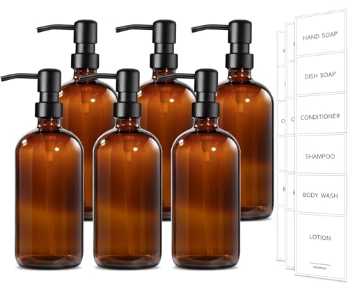 GMISUN Amber Glass Soap Dispenser, 6 Pack Bathroom Hand Soap Dispensers with Stainless Steel Pump, 17 Fl Oz Kitchen Hand and Dish Soap Dispenser Set, Modern Vintage Liquid Brown Soap Dispensers Bottle - color: Amber Bottle + Black Pump, size: 6 Pack