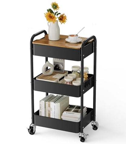 3 Tier Rolling Cart with Table top, Metal Utility Cart, Sturdy Storage Organizer Cart with Locking Wheels & Hooks for Office, Classroom, Kitchen and Bathroom - color: Black