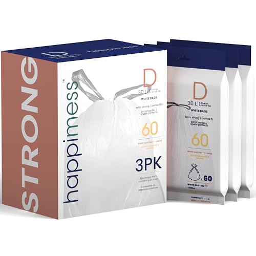 happimess 8 Gallon (30L) Drawstring Trash Bags, Slim, Unscented, White, Heavy Duty LDPE Liners for Kitchen and Household, Custom Fit 60 Count (3 Packs of 20 Liners) HPM3000D-WHITE - size: 60 Count (Pack of 1)