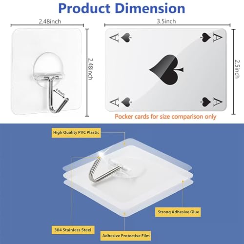 JINSHUNFA Adhesive Wall Hooks 13LB Heavy Duty No Drill Transparent Waterproof Hooks for Bathroom Kitchen Towel Coat 8 Pack - size: 8 Medium hooks