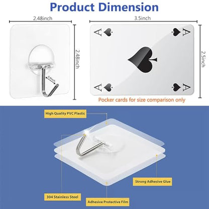 JINSHUNFA Adhesive Wall Hooks 13LB Heavy Duty No Drill Transparent Waterproof Hooks for Bathroom Kitchen Towel Coat 8 Pack - size: 8 Medium hooks