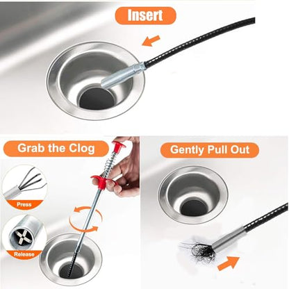 Drain Snake，Plumbing Drain Clog Remover, Gutter Cleaning Tools for Toilet Shower Kitchen Bathroom Tub, Clogged Drains Opener Cleaning Tool, Flexible Grabber Claw Pick Up Reacher (61 IN)