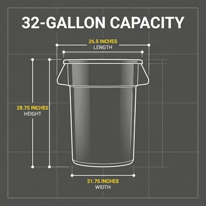 Kleen Commercial Brute Heavy-Duty Round Trash Can, 32-Gallon, Gray, Utility Garbage Container, Landscapers/Construction Sites/Restaurants/Offices/Warehouses Made in USA - size: 32 Gallon