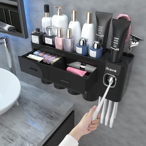iHave Toothbrush Holders for Bathrooms, 4 Cups Toothbrush Holder Wall Mounted with Toothpaste Dispenser - Large Capacity Tray, 2 Cosmetic Drawer - Bathroom Storage & Bathroom Organizer - color: Black, size: 4 cup
