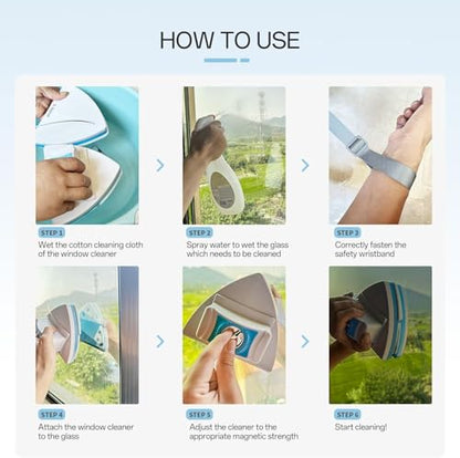 Magnetic Glass Cleaner Tools - Double Sided Windows Glass Cleaner Wiper for 0.2-1.4 Inch(5-35mm) with 1 Pc Microfiber Cleaning Cloth (Beige) 5-Files Adjustable Windshield Cleaner Tool for High-Rise