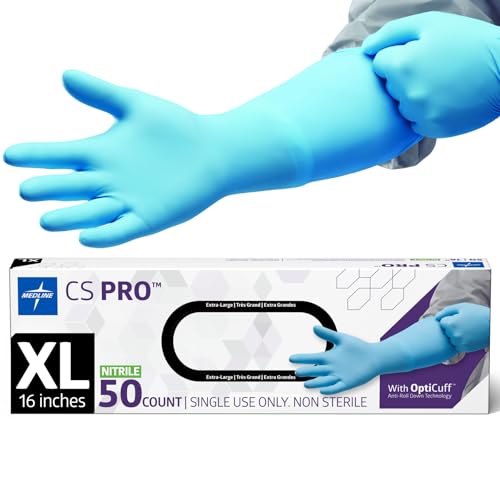 Medline CS Pro 16” Cuff Nitrile Exam Gloves, 50 Count, X-Large, Powder Free, Disposable, Not Made with Natural Rubber Latex, Longer Cuff, Thicker Glove for Extra Protection - size: X-Large